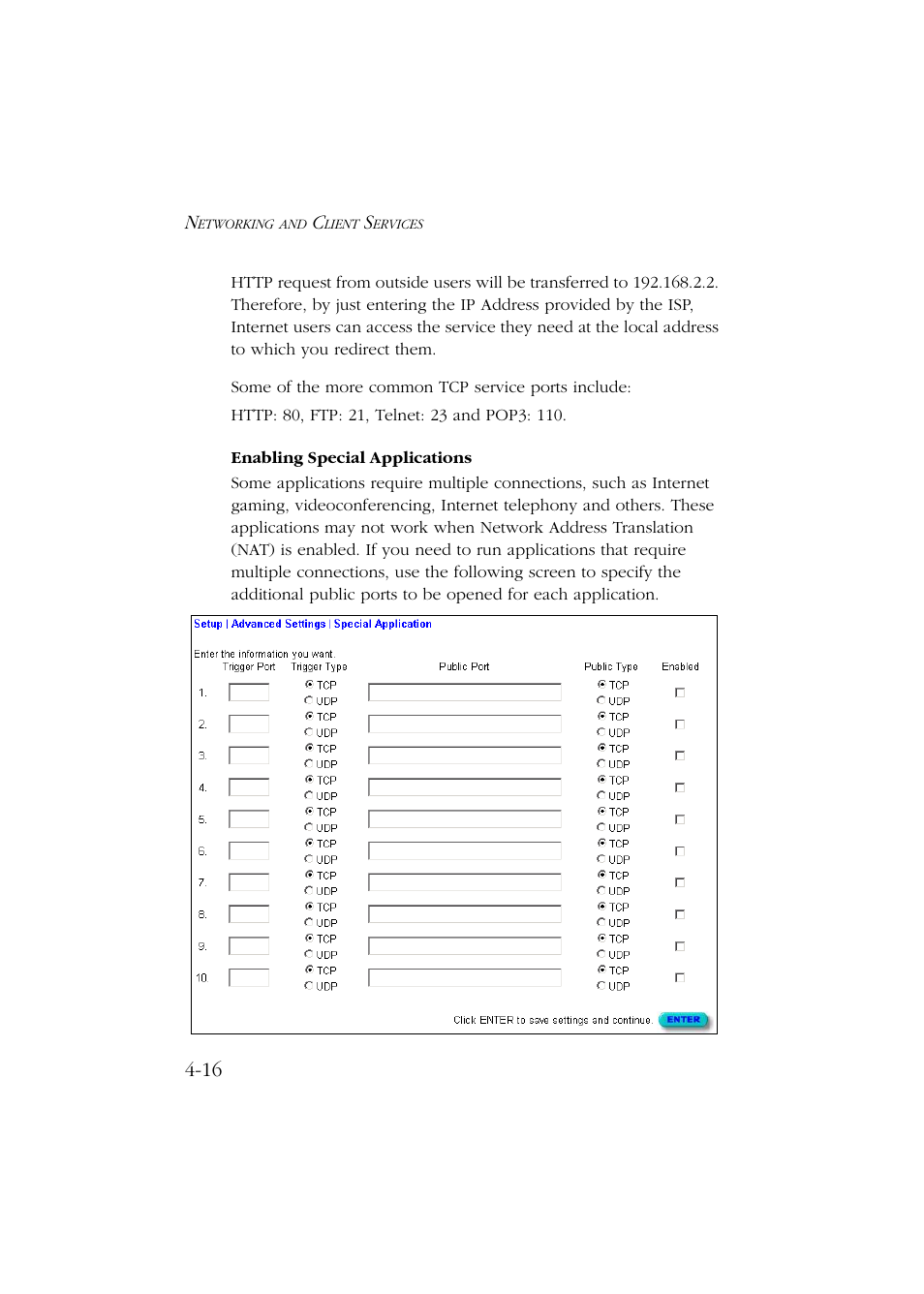 Enabling special applications, Enabling special applications -16 | SMC Networks Barricade SMC7004ABR User Manual | Page 48 / 112