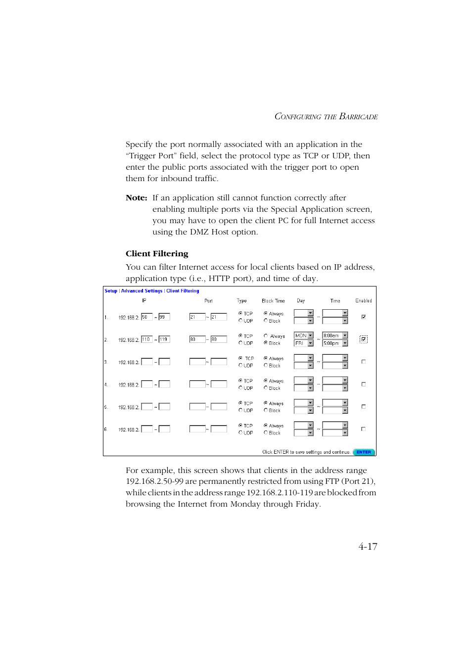 Client filtering, Client filtering -17 | SMC Networks Barricade SMC7004ABR User Manual | Page 49 / 112