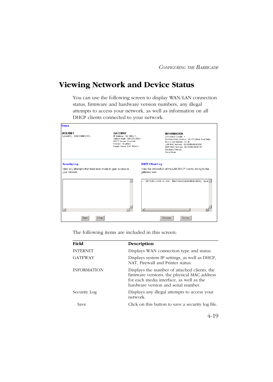 Viewing network and device status, Viewing network and device status -19 | SMC Networks Barricade SMC7004ABR User Manual | Page 51 / 112