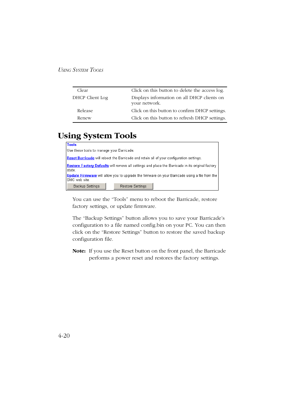 Using system tools, Using system tools -20 | SMC Networks Barricade SMC7004ABR User Manual | Page 52 / 112