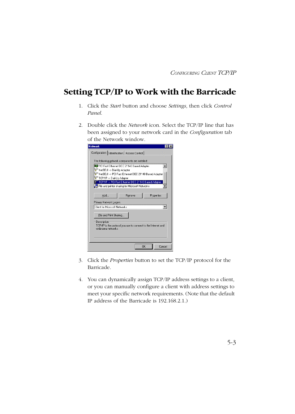 Setting tcp/ip to work with the barricade, Setting tcp/ip to work with the barricade -3 | SMC Networks Barricade SMC7004ABR User Manual | Page 55 / 112