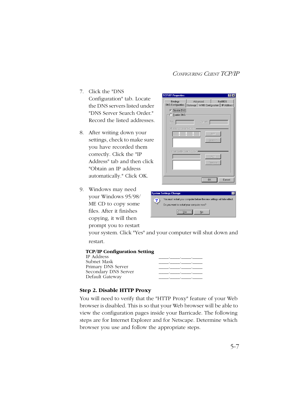 Step 2. disable http proxy, Step 2. disable http proxy -7, Tcp/ip 5-7 | SMC Networks Barricade SMC7004ABR User Manual | Page 59 / 112