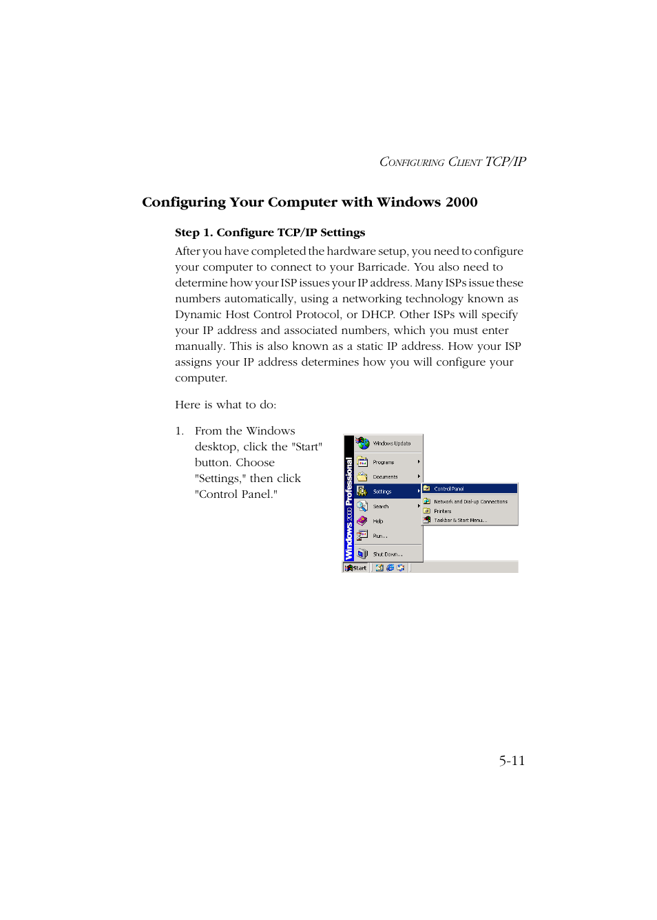 Configuring your computer with windows 2000, Step 1. configure tcp/ip settings, Configuring your computer with windows 2000 -11 | Step 1. configure tcp/ip settings -11 | SMC Networks Barricade SMC7004ABR User Manual | Page 63 / 112