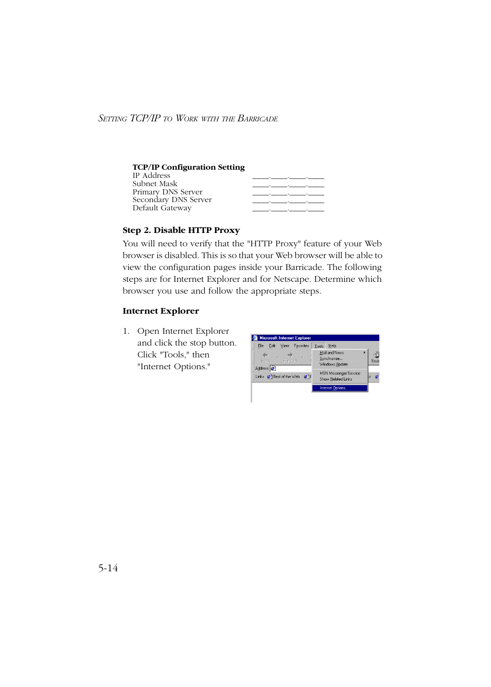 Step 2. disable http proxy, Step 2. disable http proxy -14, Tcp/ip | SMC Networks Barricade SMC7004ABR User Manual | Page 66 / 112