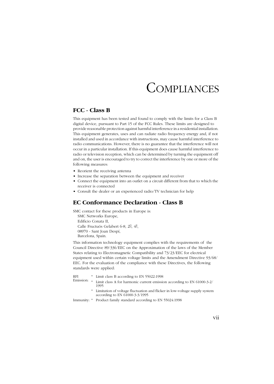 Ompliances, Fcc - class b, Ec conformance declaration - class b | SMC Networks Barricade SMC7004ABR User Manual | Page 7 / 112