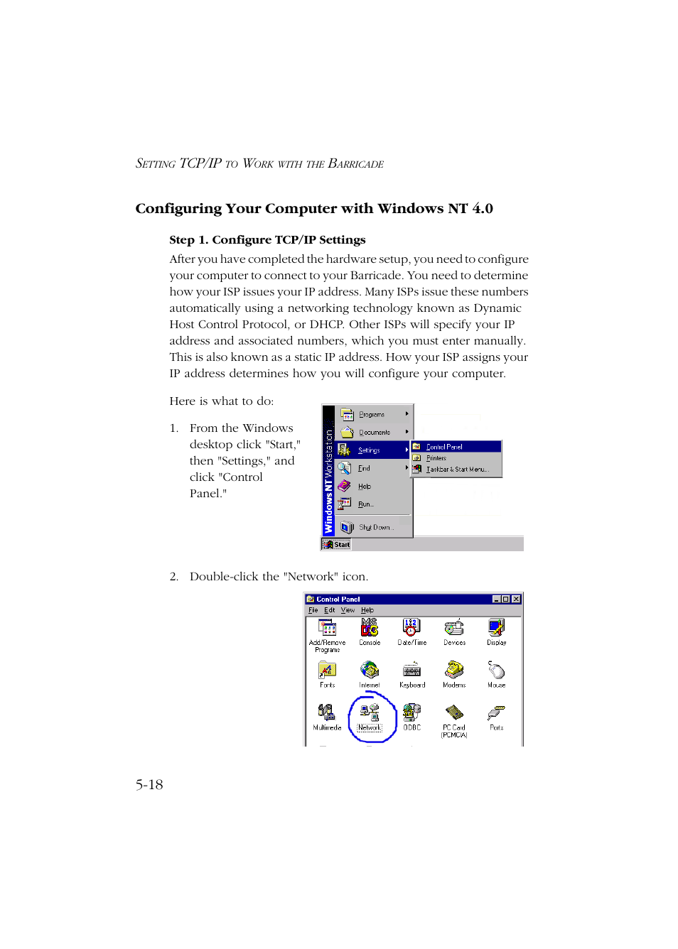 Configuring your computer with windows nt 4.0, Step 1. configure tcp/ip settings, Configuring your computer with windows nt 4.0 -18 | Step 1. configure tcp/ip settings -18 | SMC Networks Barricade SMC7004ABR User Manual | Page 70 / 112