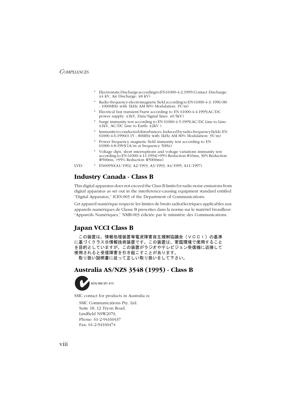 Viii industry canada - class b | SMC Networks Barricade SMC7004ABR User Manual | Page 8 / 112