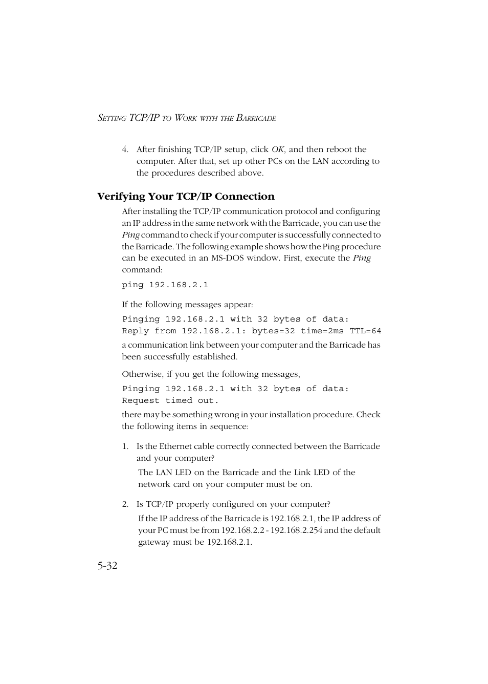 Verifying your tcp/ip connection, Verifying your tcp/ip connection -32, Tcp/ip | SMC Networks Barricade SMC7004ABR User Manual | Page 84 / 112