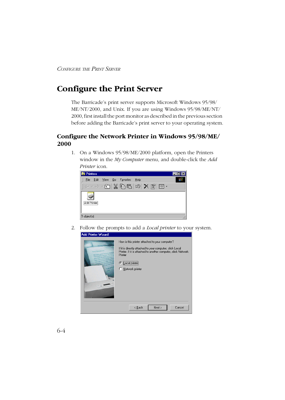 Configure the print server, Configure the print server -4, Configure the network printer in windows 95/98/me | SMC Networks Barricade SMC7004ABR User Manual | Page 90 / 112