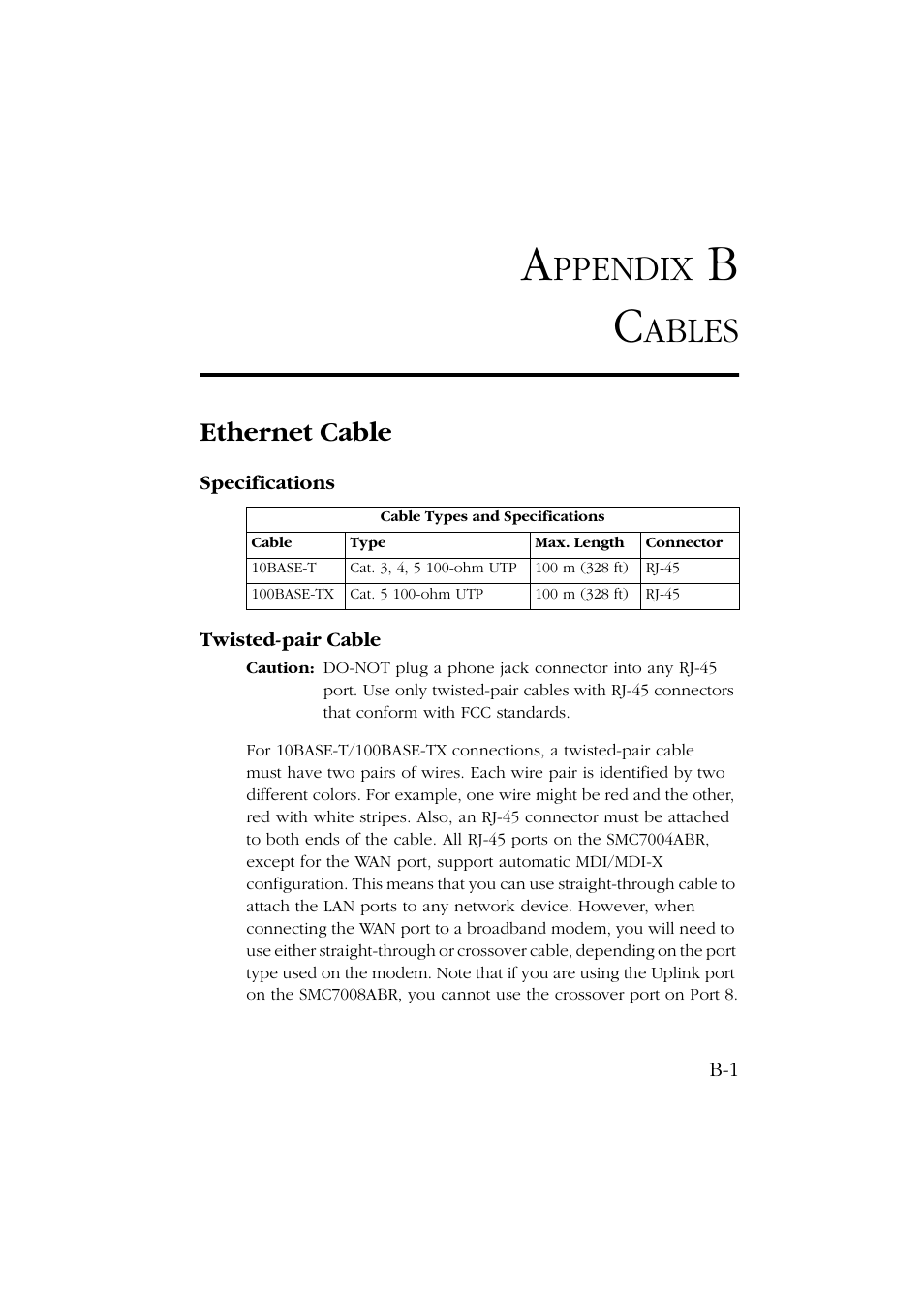Appendix b cables, Ethernet cable, Specifications | Twisted-pair cable, Ppendix, Ables | SMC Networks Barricade SMC7004ABR User Manual | Page 99 / 112