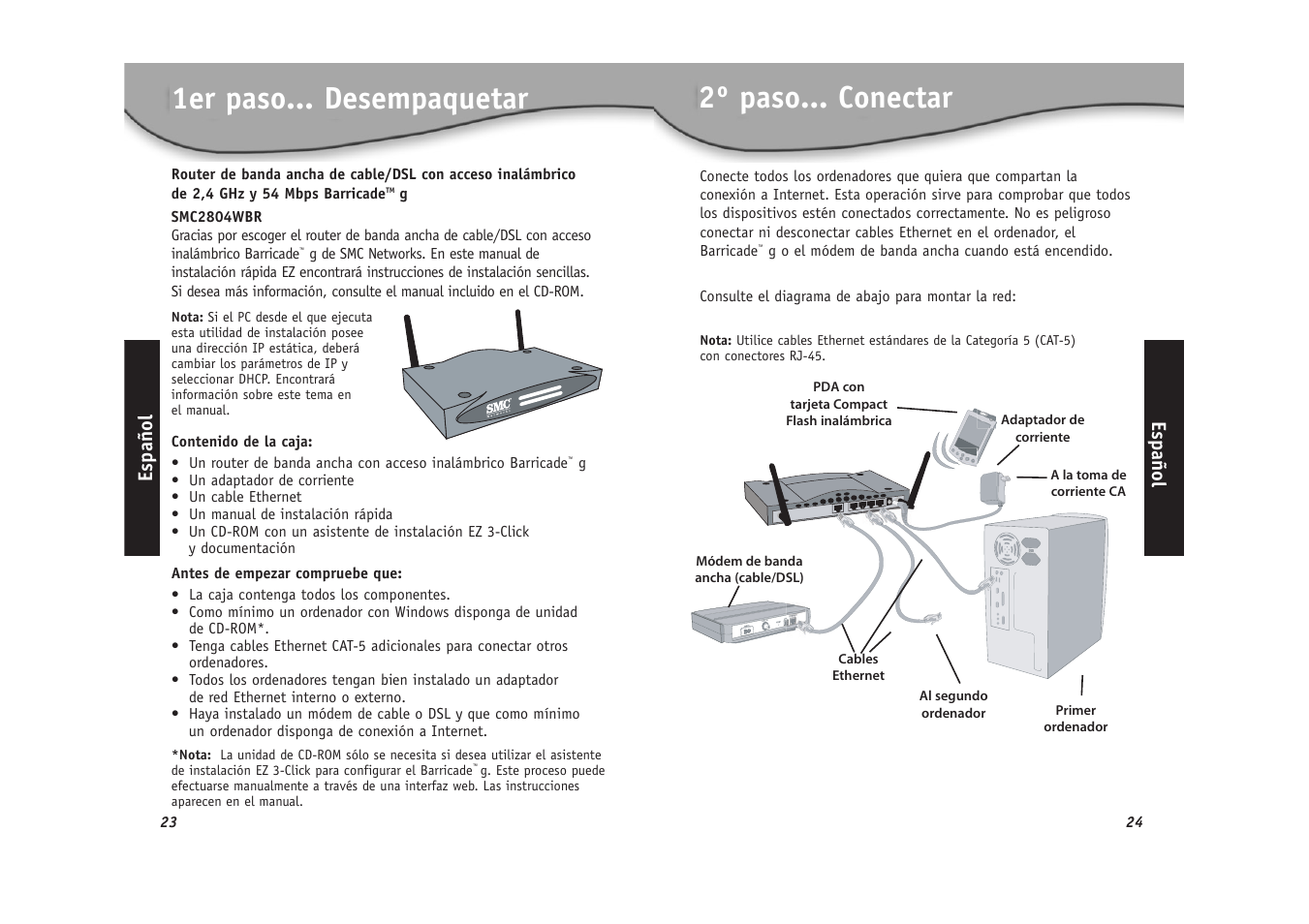 1er paso... desempaquetar, 2º paso... conectar | SMC Networks SMC2804WBR User Manual | Page 13 / 28