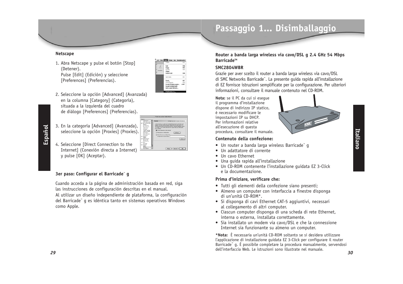 Passaggio 1... disimballaggio, Italiano español | SMC Networks SMC2804WBR User Manual | Page 16 / 28