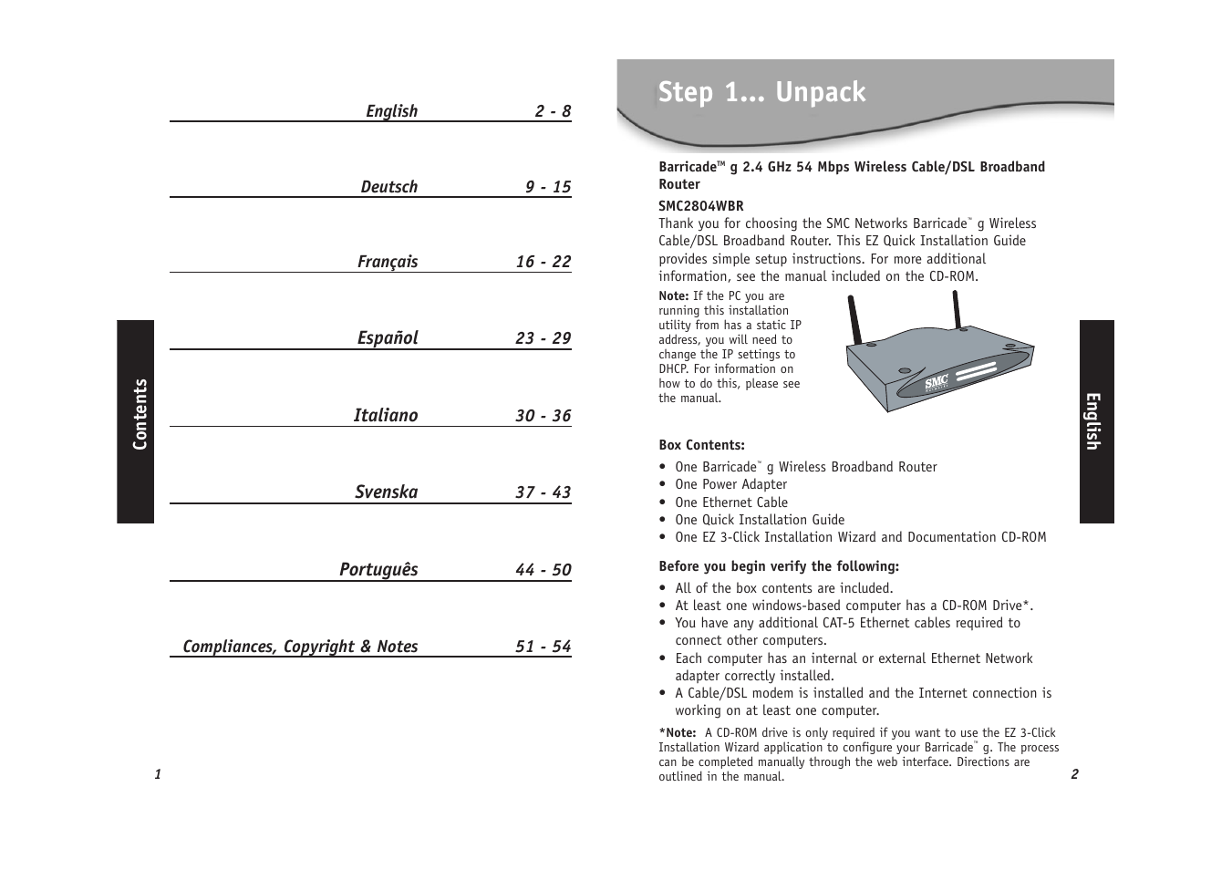 Step 1... unpack | SMC Networks SMC2804WBR User Manual | Page 2 / 28