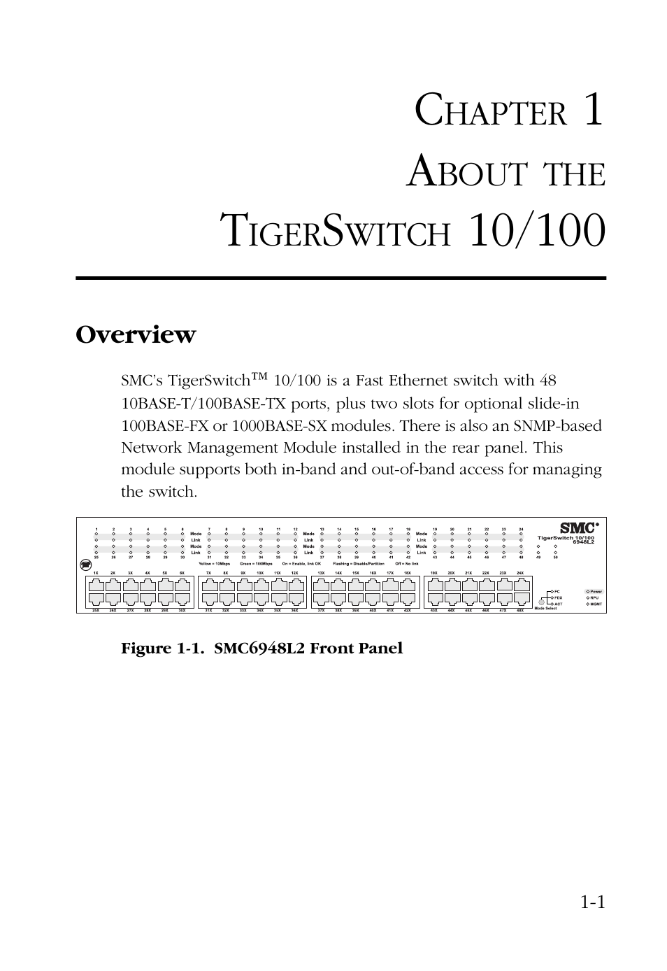 Chapter 1 about the tigerswitch 10/100, Overview, 1 about the tigerswitch 10/100 1-1 | Overview -1 | SMC Networks 48-Port User Manual | Page 15 / 80