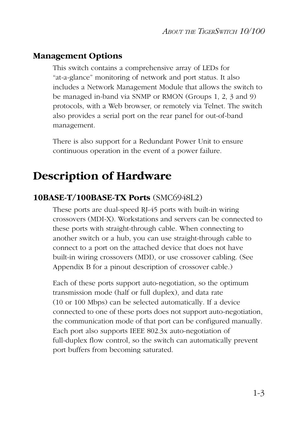 Management options, Description of hardware, 10base-t/100base-tx ports (smc6948l2) | Management options -3, Description of hardware -3, 10base-t/100base-tx ports (smc6948l2) -3 | SMC Networks 48-Port User Manual | Page 17 / 80