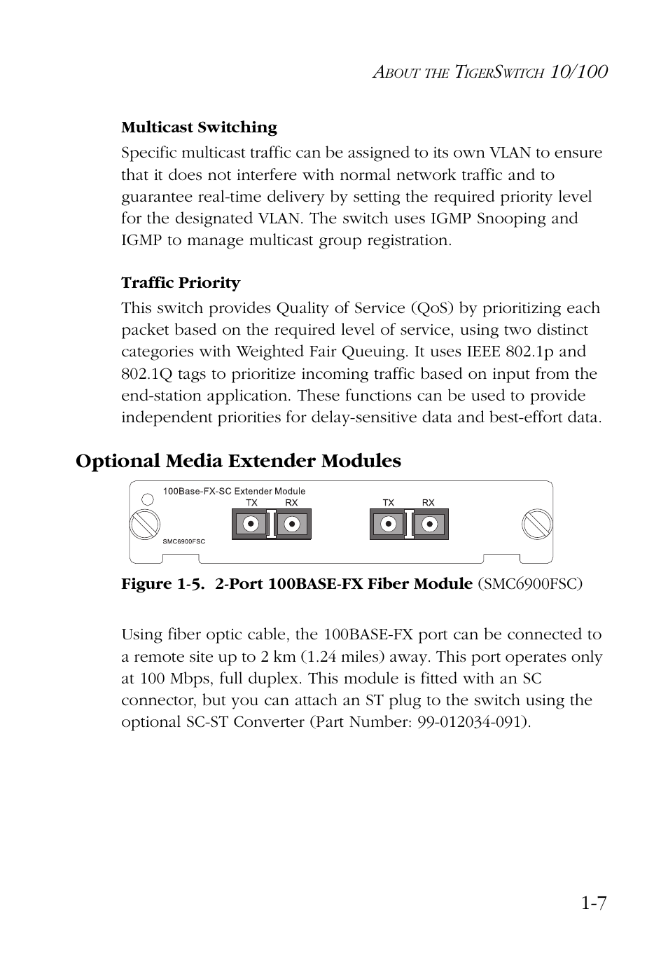 Multicast switching, Traffic priority, Optional media extender modules | Multicast switching -7 traffic priority -7, Optional media extender modules -7 | SMC Networks 48-Port User Manual | Page 21 / 80