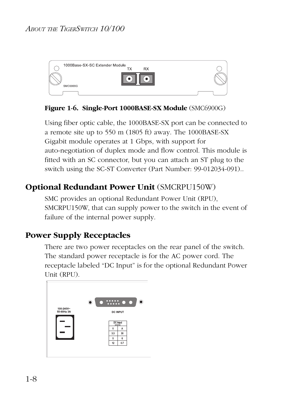Optional redundant power unit (smcrpu150w), Power supply receptacles | SMC Networks 48-Port User Manual | Page 22 / 80