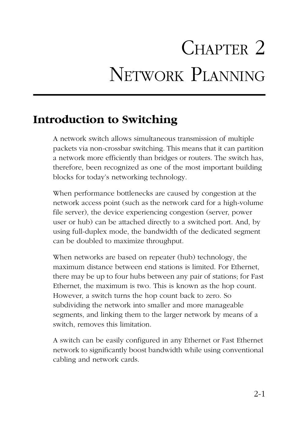 Chapter 2 network planning, Introduction to switching, 2 network planning 2-1 | Introduction to switching -1, Hapter, Etwork, Lanning | SMC Networks 48-Port User Manual | Page 25 / 80