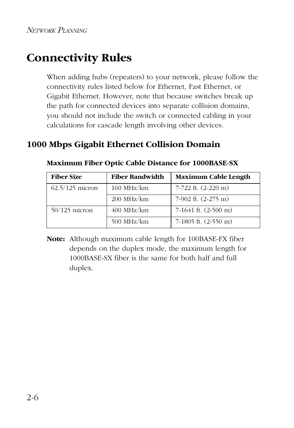 Connectivity rules, 1000 mbps gigabit ethernet collision domain, Maximum fiber optic cable distance for 1000base-sx | Connectivity rules -6, 1000 mbps gigabit ethernet collision domain -6 | SMC Networks 48-Port User Manual | Page 30 / 80