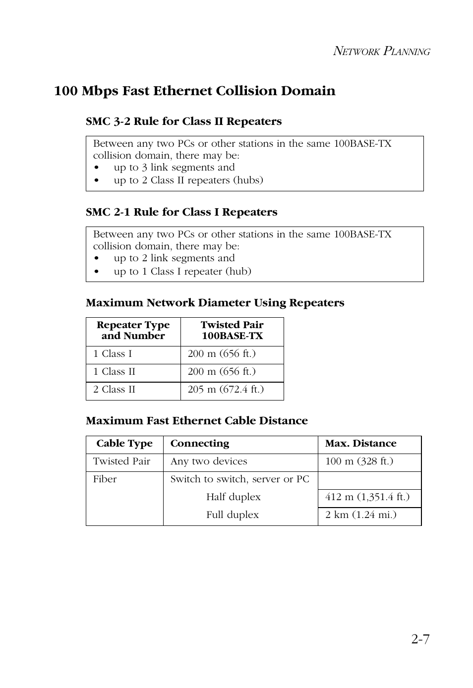 100 mbps fast ethernet collision domain, Smc 3-2 rule for class ii repeaters, Smc 2-1 rule for class i repeaters | Maximum network diameter using repeaters, Maximum fast ethernet cable distance, 100 mbps fast ethernet collision domain -7, 7 100 mbps fast ethernet collision domain | SMC Networks 48-Port User Manual | Page 31 / 80