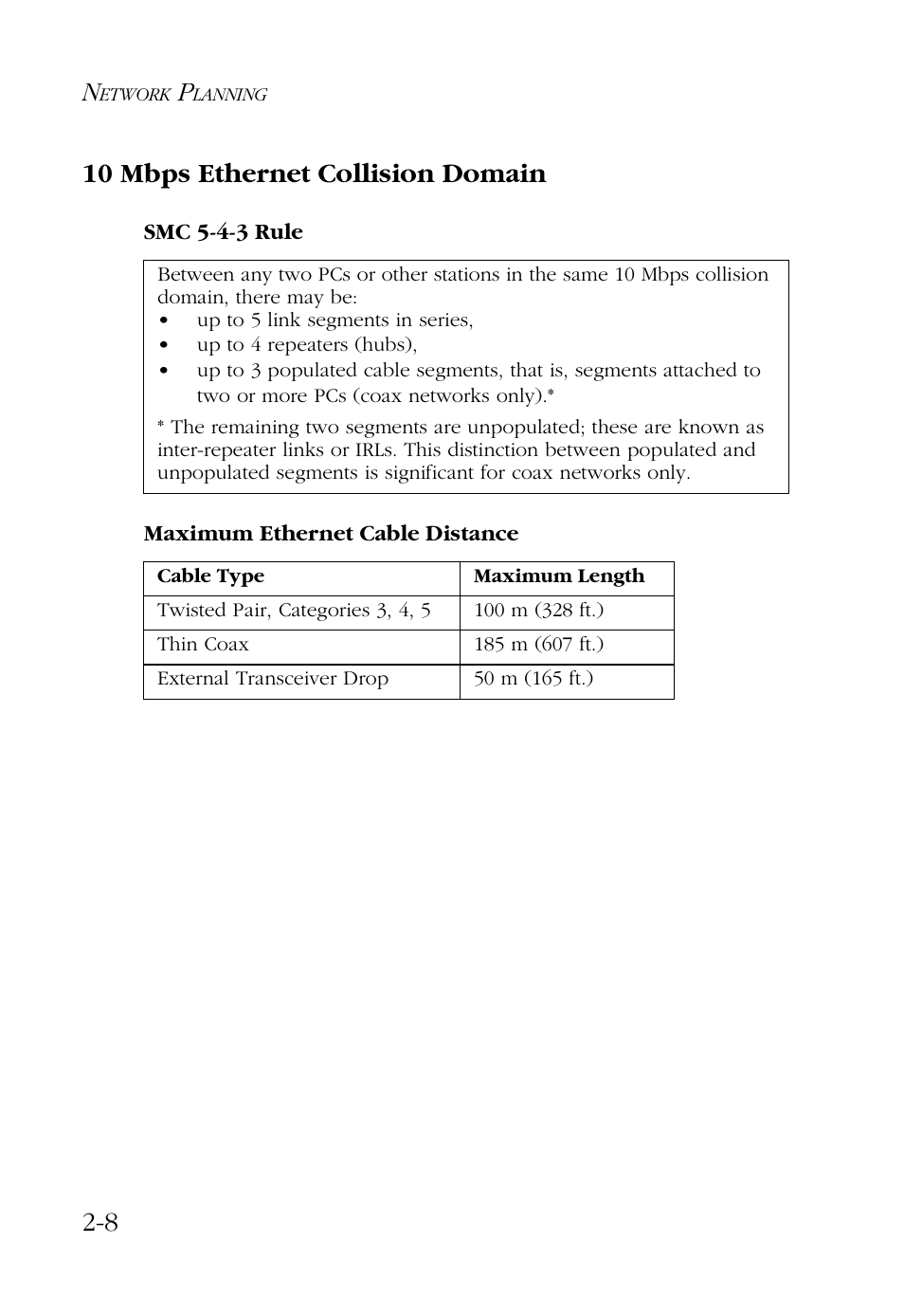 10 mbps ethernet collision domain, Smc 5-4-3 rule, Maximum ethernet cable distance | 10 mbps ethernet collision domain -8, 8 10 mbps ethernet collision domain | SMC Networks 48-Port User Manual | Page 32 / 80