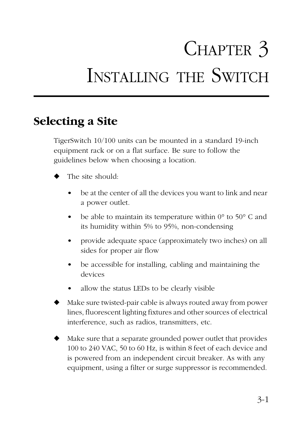 Chapter 3 installing the switch, Selecting a site, 3 installing the switch 3-1 | Selecting a site -1, Hapter, Nstalling, Witch | SMC Networks 48-Port User Manual | Page 35 / 80