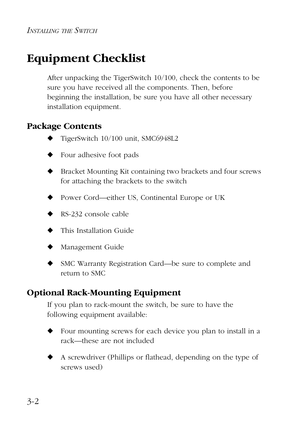 Equipment checklist, Package contents, Optional rack-mounting equipment | Equipment checklist -2 | SMC Networks 48-Port User Manual | Page 36 / 80