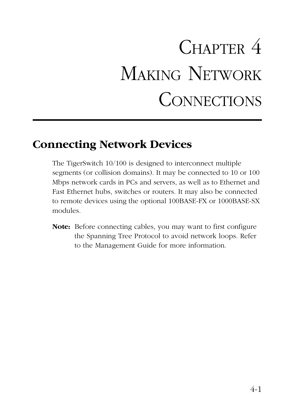 Chapter 4 making network connections, Connecting network devices, 4 making network connections 4-1 | Connecting network devices -1 | SMC Networks 48-Port User Manual | Page 41 / 80