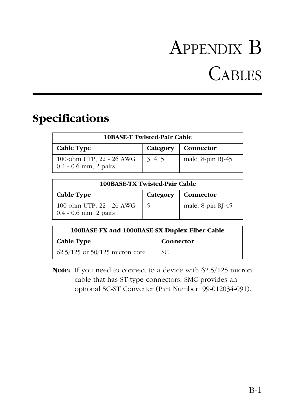 Appendix b cables, Specifications, Cables b-1 | Ppendix, Ables | SMC Networks 48-Port User Manual | Page 51 / 80