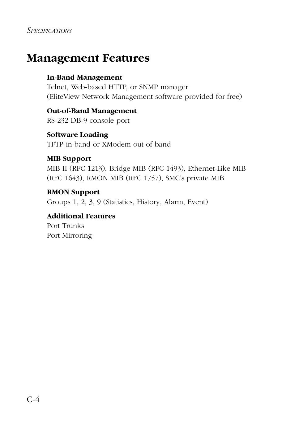 Management features | SMC Networks 48-Port User Manual | Page 62 / 80