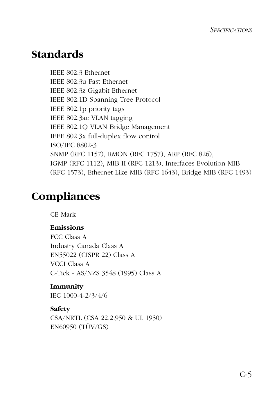Standards, Compliances | SMC Networks 48-Port User Manual | Page 63 / 80