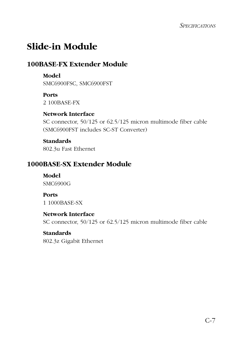 Slide-in module, 100base-fx extender module, 1000base-sx extender module | SMC Networks 48-Port User Manual | Page 65 / 80