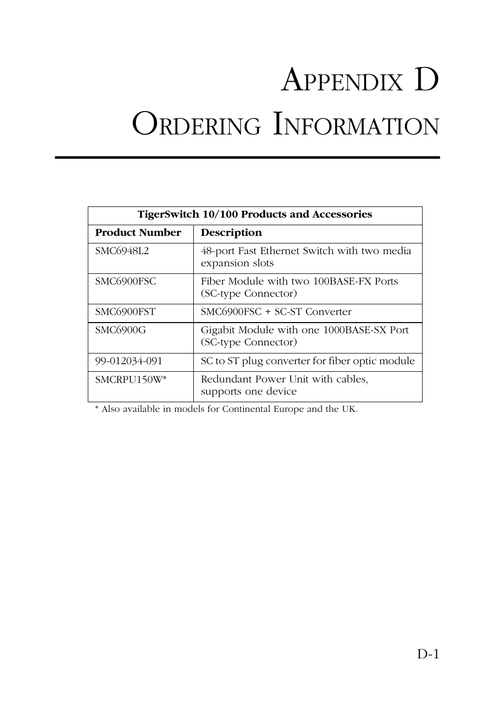 Appendix d ordering information, D ordering information d-1, Ppendix | Rdering, Nformation | SMC Networks 48-Port User Manual | Page 67 / 80