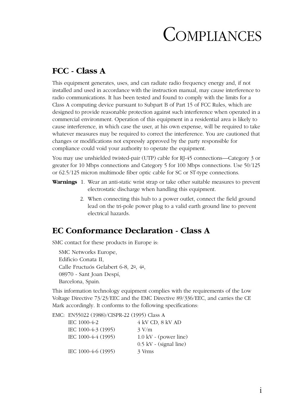 Ompliances, Fcc - class a, Ec conformance declaration - class a | SMC Networks 48-Port User Manual | Page 7 / 80