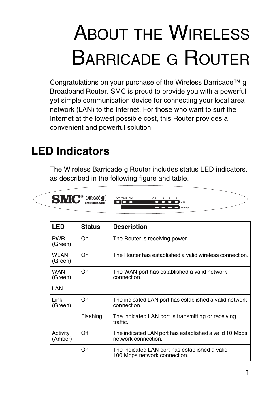 About the wireless barricade g router, Led indicators, Able | Ontents, Bout, Ireless, Arricade, Outer | SMC Networks Barricade SMC2804WBR38 User Manual | Page 11 / 82