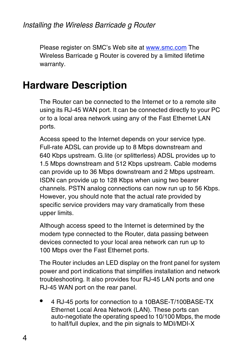 Hardware description | SMC Networks Barricade SMC2804WBR38 User Manual | Page 14 / 82