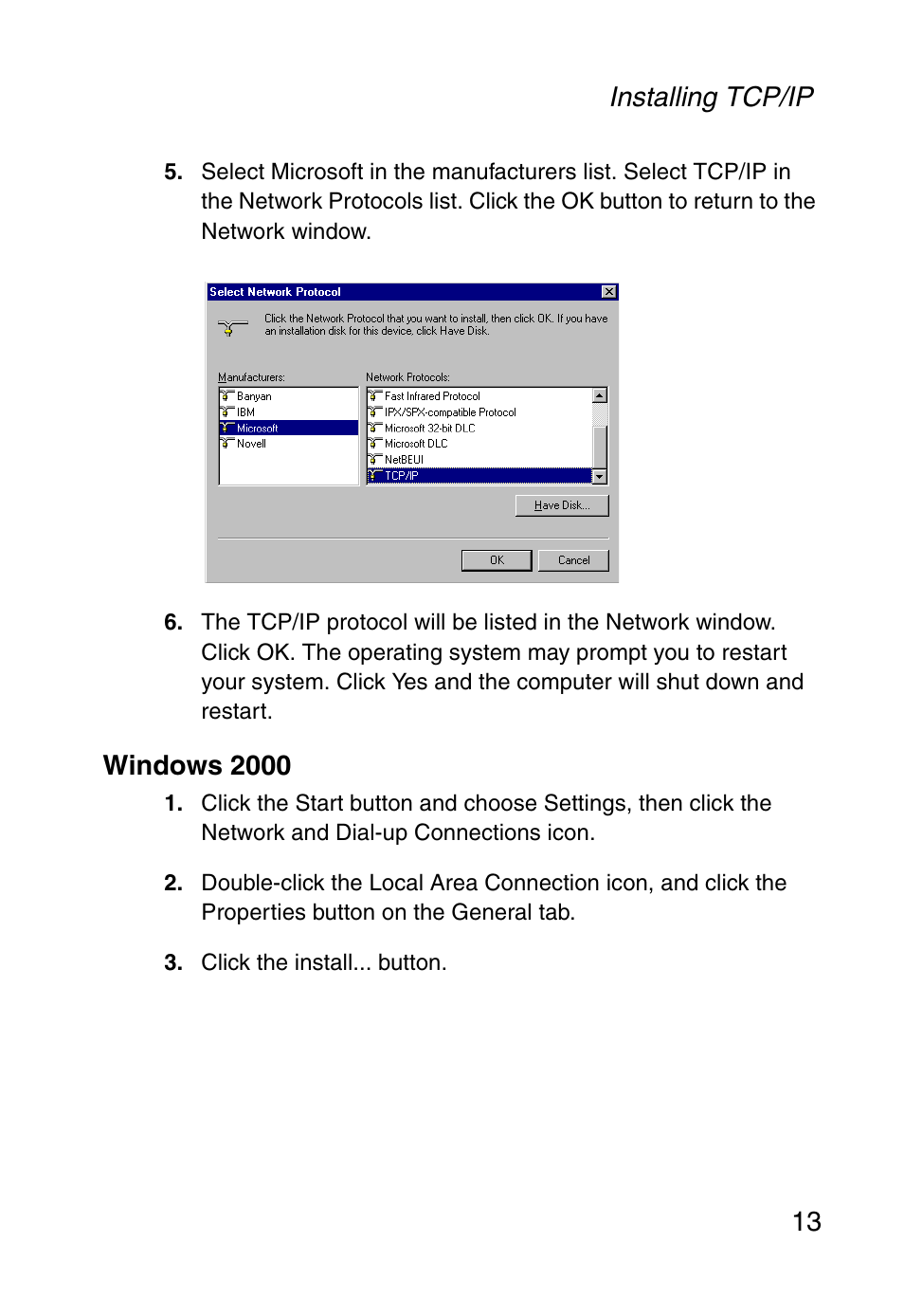 Windows 2000, Installing tcp/ip 13 | SMC Networks Barricade SMC2804WBR38 User Manual | Page 23 / 82