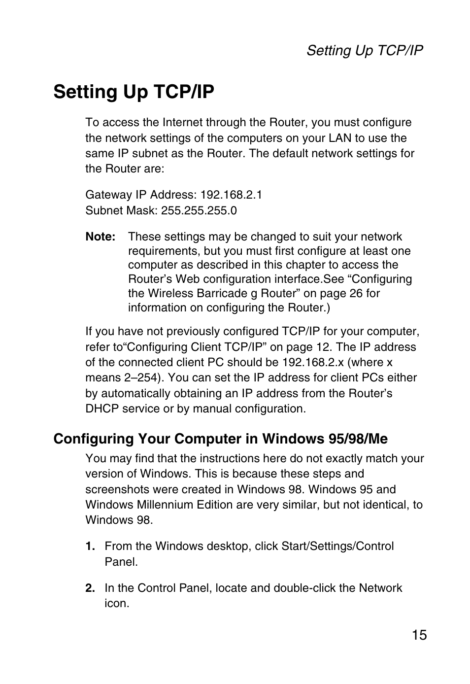 Setting up tcp/ip, Configuring your computer in windows 95/98/me | SMC Networks Barricade SMC2804WBR38 User Manual | Page 25 / 82