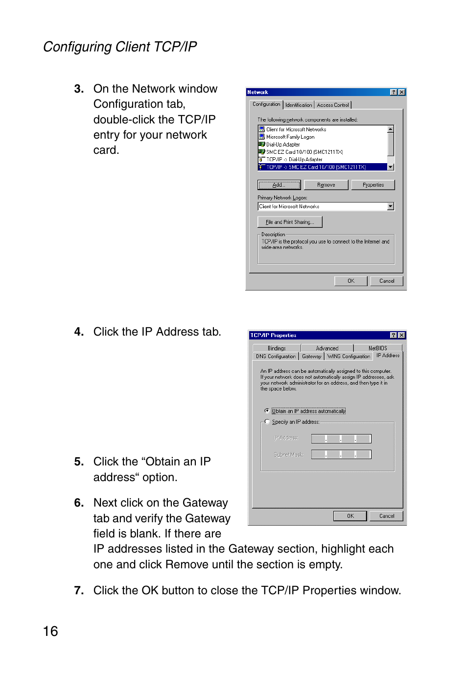 Configuring client tcp/ip 16 | SMC Networks Barricade SMC2804WBR38 User Manual | Page 26 / 82