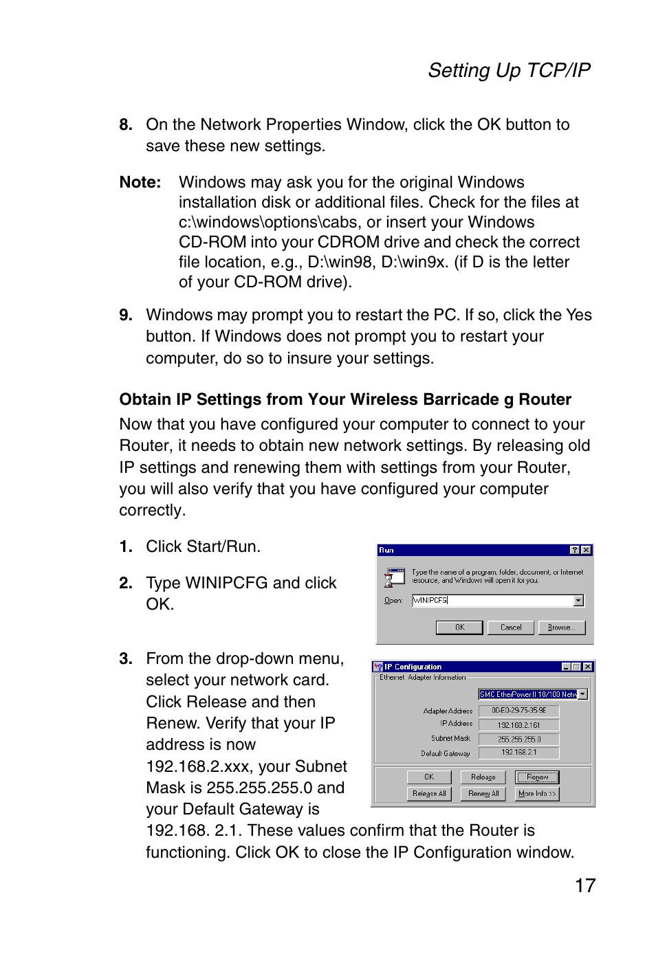 Setting up tcp/ip 17 | SMC Networks Barricade SMC2804WBR38 User Manual | Page 27 / 82
