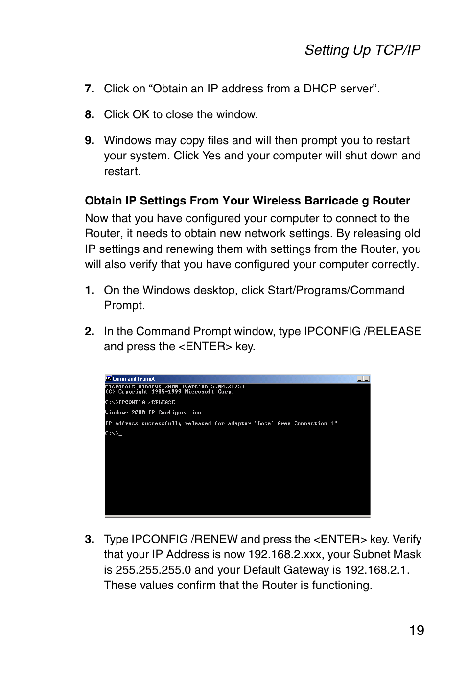 Setting up tcp/ip 19 | SMC Networks Barricade SMC2804WBR38 User Manual | Page 29 / 82