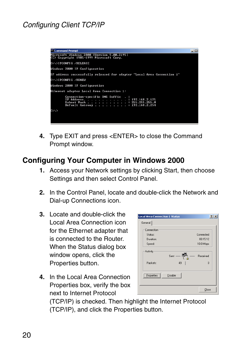 Configuring your computer in windows 2000, Configuring client tcp/ip 20 | SMC Networks Barricade SMC2804WBR38 User Manual | Page 30 / 82