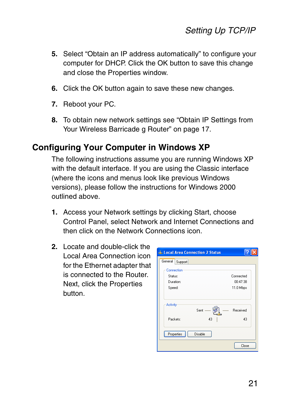 Configuring your computer in windows xp, Setting up tcp/ip 21 | SMC Networks Barricade SMC2804WBR38 User Manual | Page 31 / 82