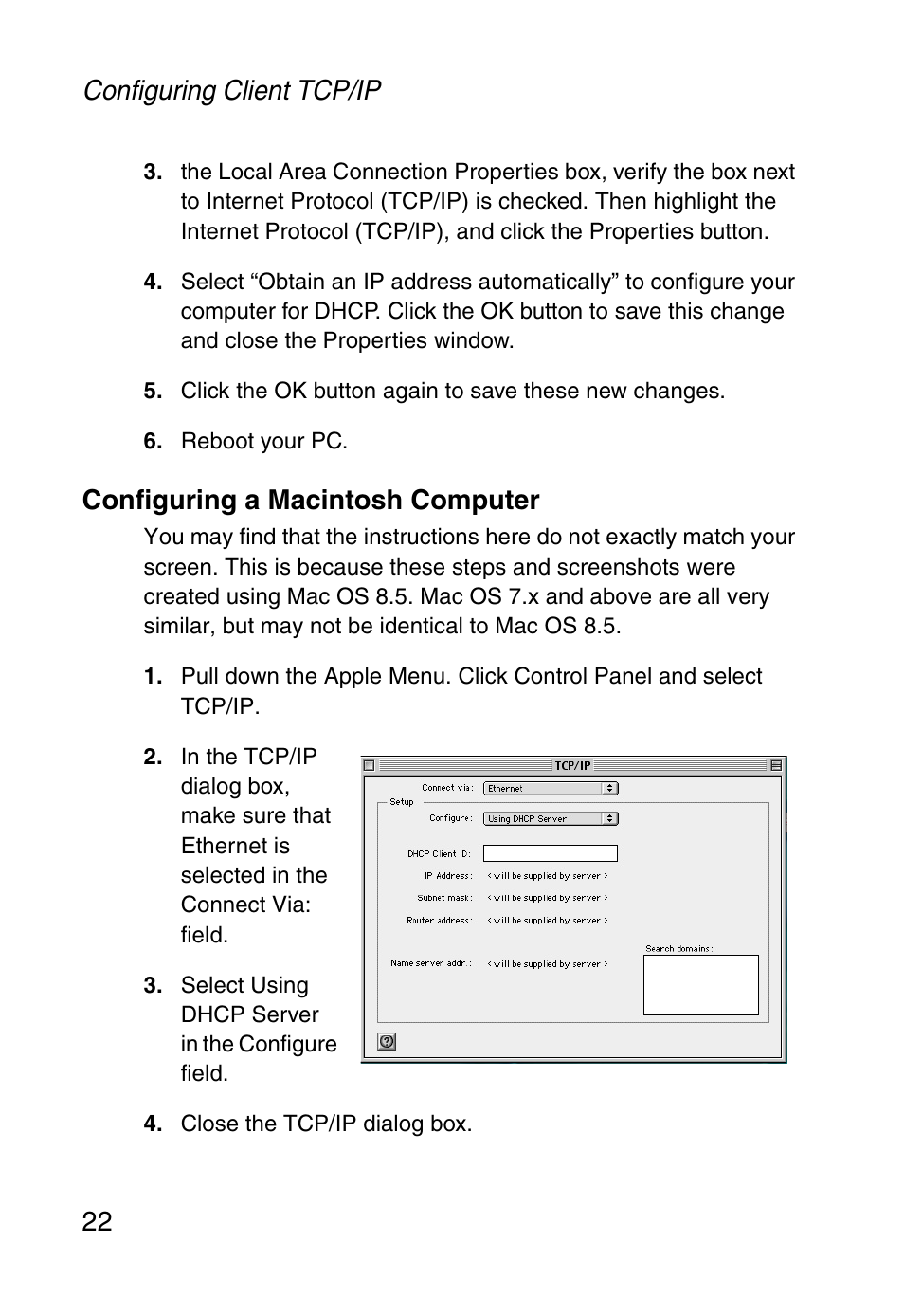 Configuring a macintosh computer, Configuring client tcp/ip 22 | SMC Networks Barricade SMC2804WBR38 User Manual | Page 32 / 82