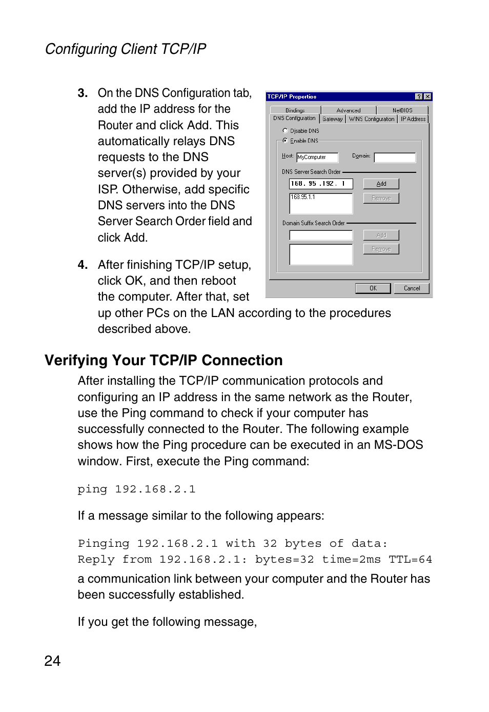 Verifying your tcp/ip connection, Configuring client tcp/ip 24 | SMC Networks Barricade SMC2804WBR38 User Manual | Page 34 / 82