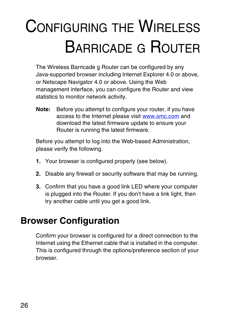 Configuring the wireless barricade g router, Browser configuration, Onfiguring | Ireless, Arricade, Outer | SMC Networks Barricade SMC2804WBR38 User Manual | Page 36 / 82