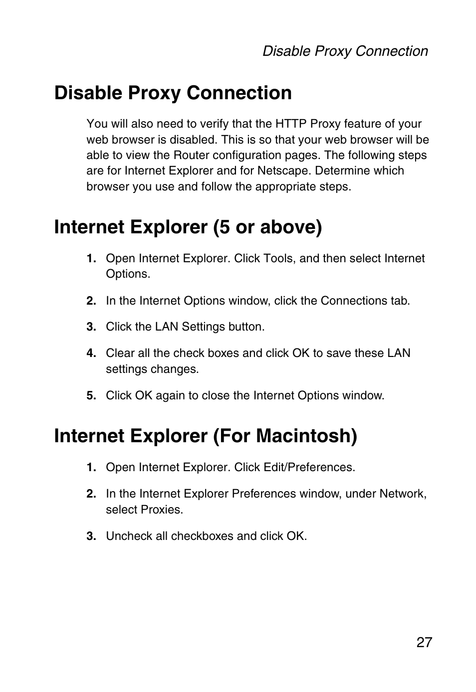 Disable proxy connection, Internet explorer (5 or above), Internet explorer (for macintosh) | SMC Networks Barricade SMC2804WBR38 User Manual | Page 37 / 82