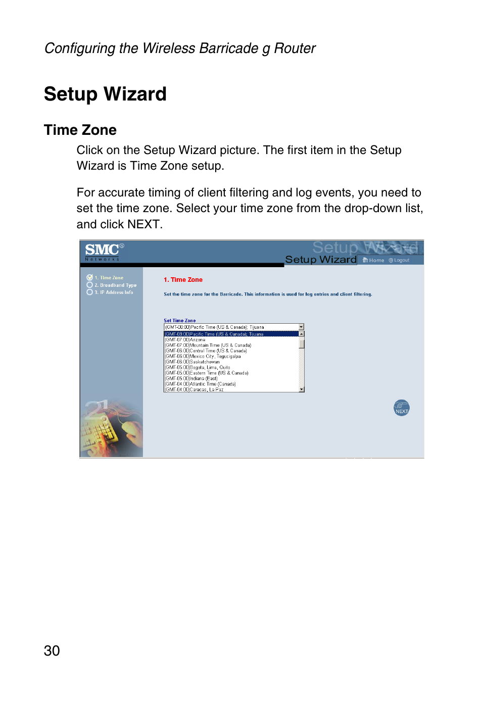 Setup wizard, Time zone | SMC Networks Barricade SMC2804WBR38 User Manual | Page 40 / 82