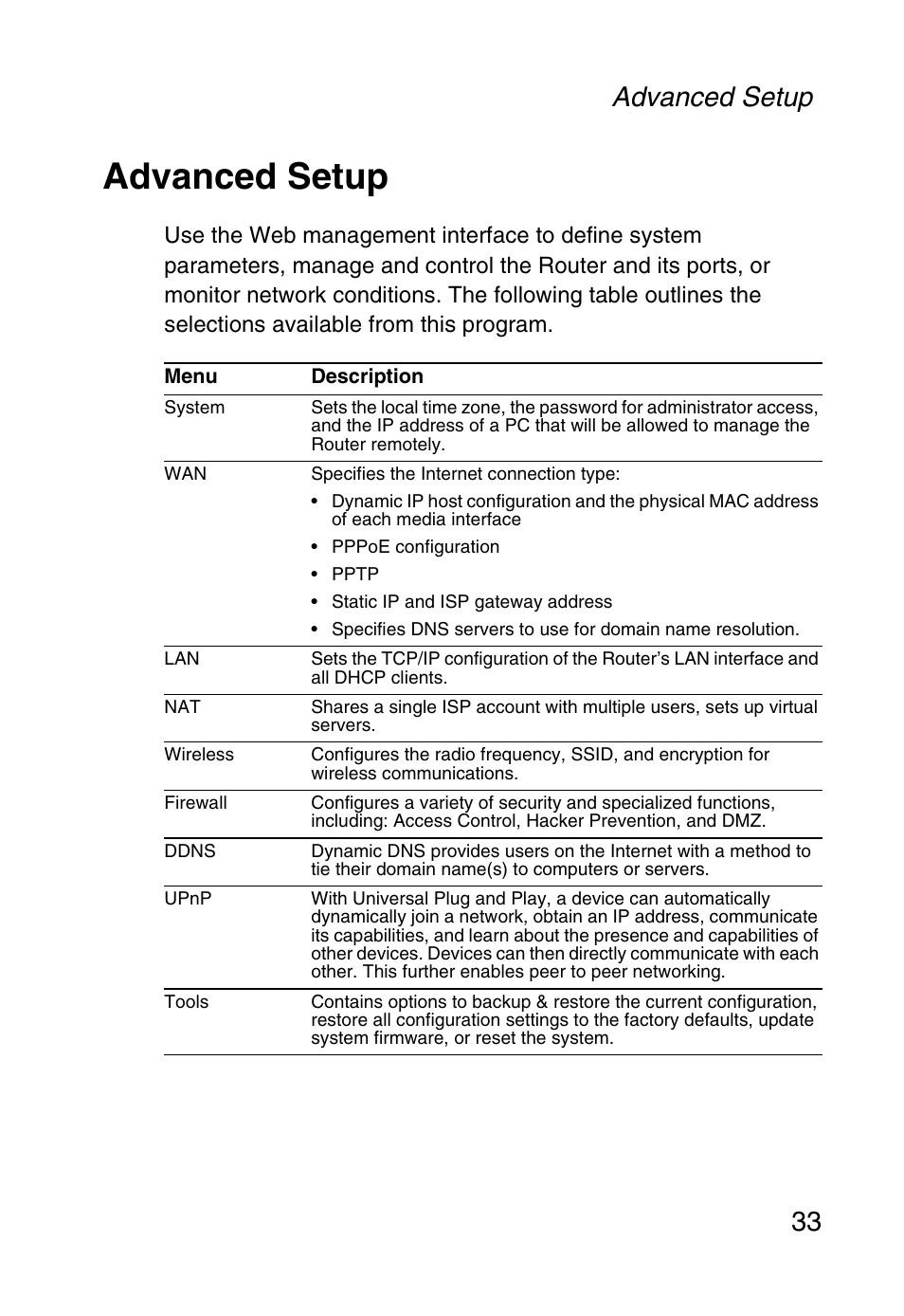 Advanced setup, Advanced setup 33 | SMC Networks Barricade SMC2804WBR38 User Manual | Page 43 / 82