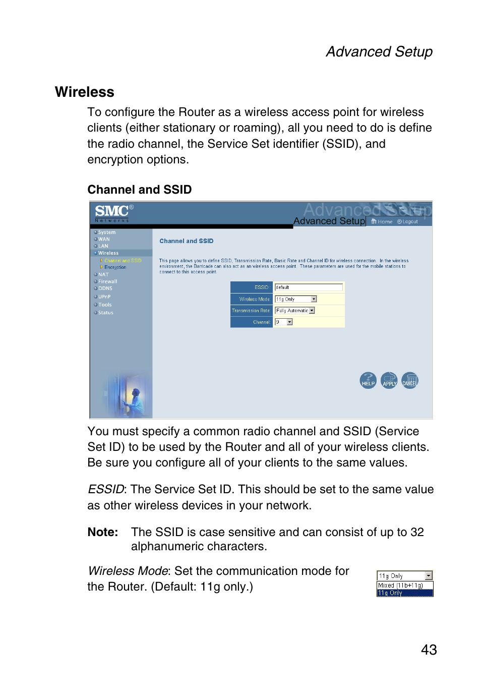 Wireless, Advanced setup 43 wireless | SMC Networks Barricade SMC2804WBR38 User Manual | Page 53 / 82